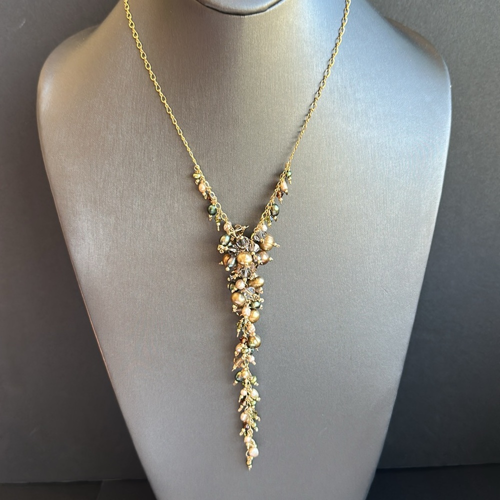 14K GF Necklace Cascading Freshwater Pearls & Faceted Crystals Multicolored